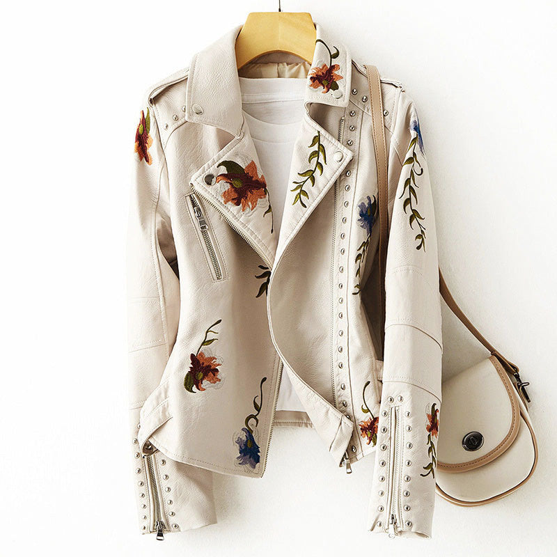 Adele - Women's Floral Embroidered Leather Moto Jacket