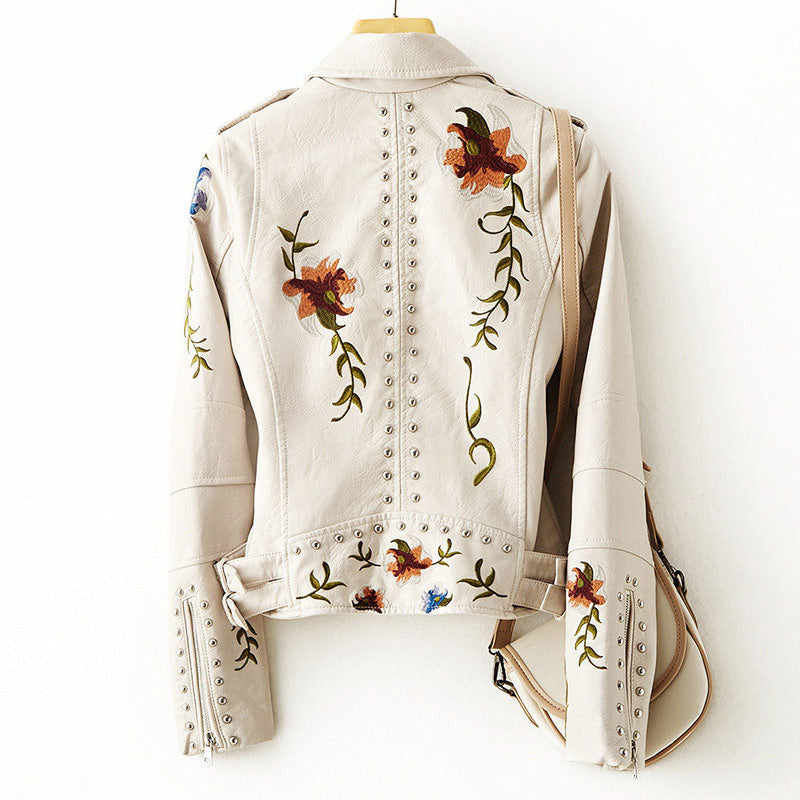 Adele - Women's Floral Embroidered Leather Moto Jacket
