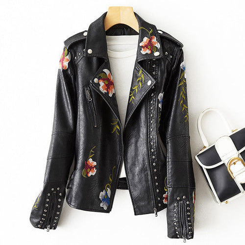 Adele - Women's Floral Embroidered Leather Moto Jacket