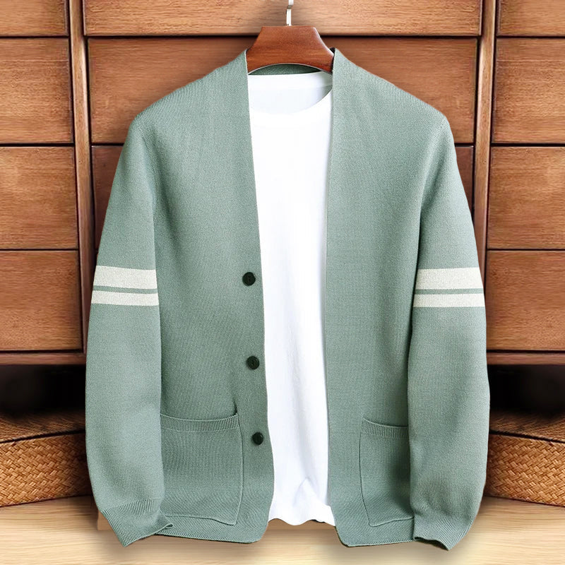 Adriel - Men’s Stripe Sleeve Button-Up Knit Cardigan