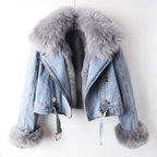 Amira - Women's Faux-Fur Collar Cropped Denim Jacket