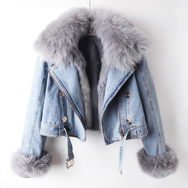 Amira - Women's Faux-Fur Collar Cropped Denim Jacket