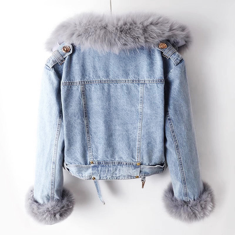 Amira - Women's Faux-Fur Collar Cropped Denim Jacket