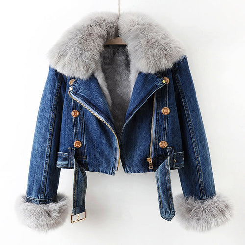 Amira - Women's Faux-Fur Collar Cropped Denim Jacket