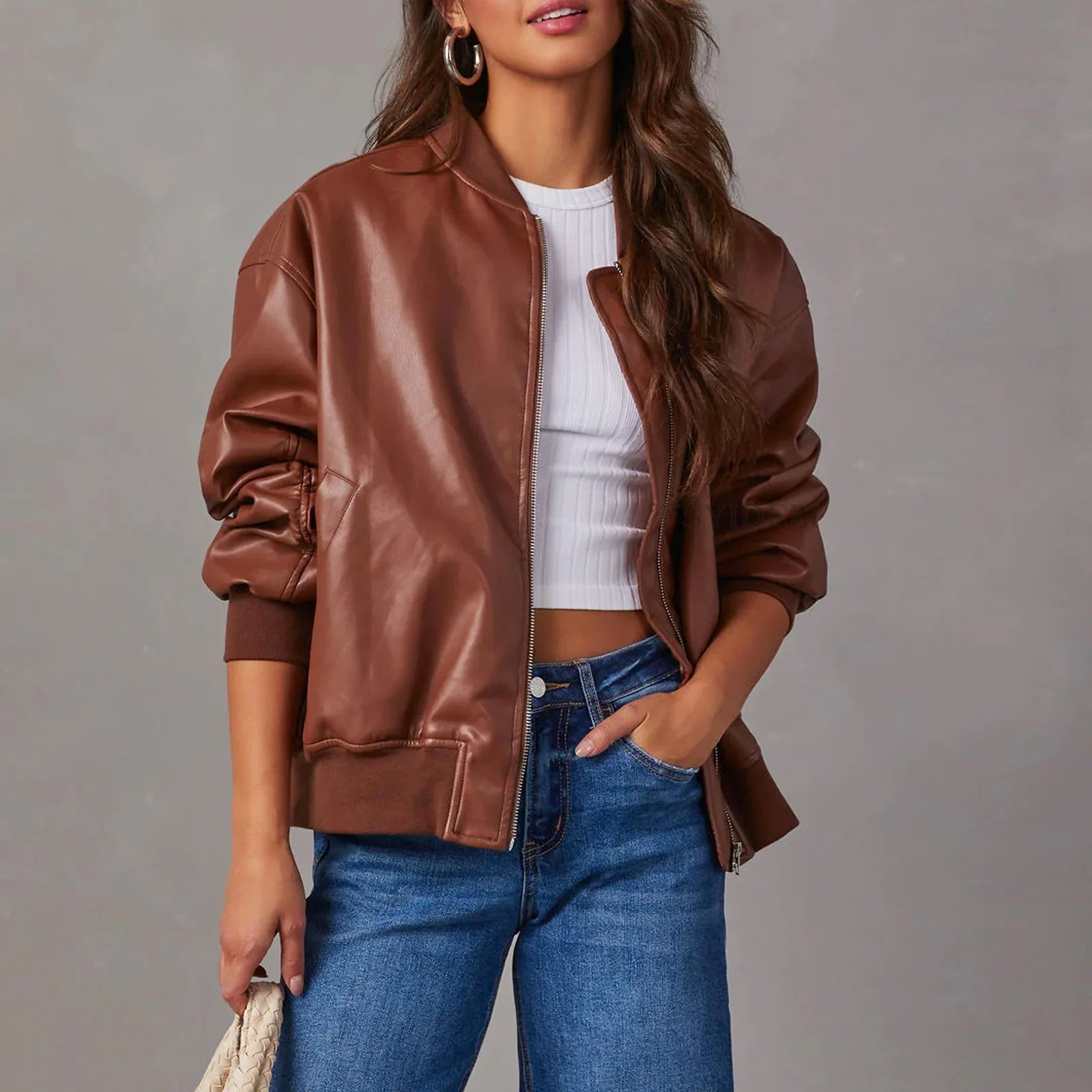 Aubrey - Women's Faux-Leather Bomber Jacket