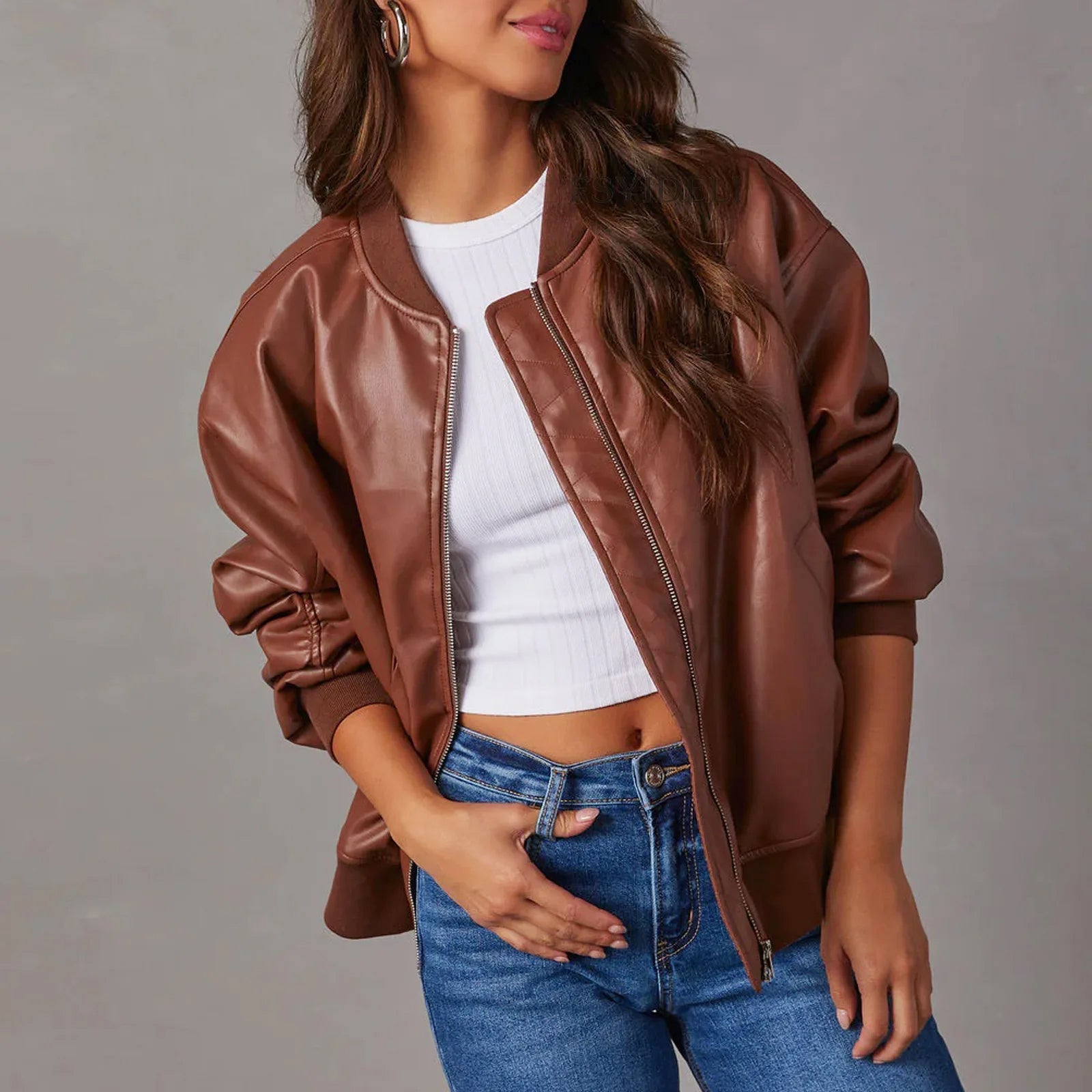Aubrey - Women's Faux-Leather Bomber Jacket