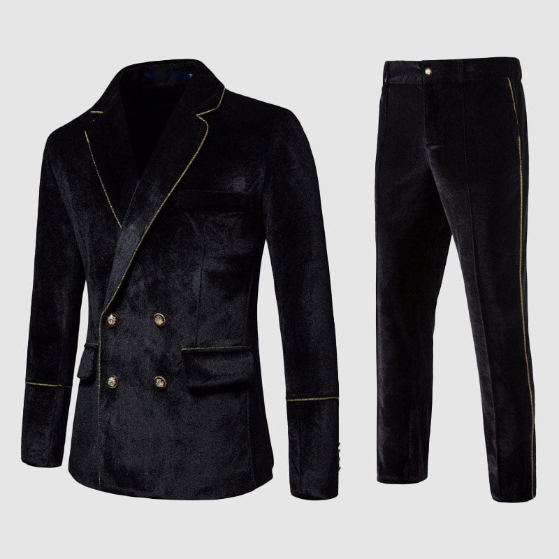 Brandon - Men's Double-Breasted Velour Suit with Gold Trim