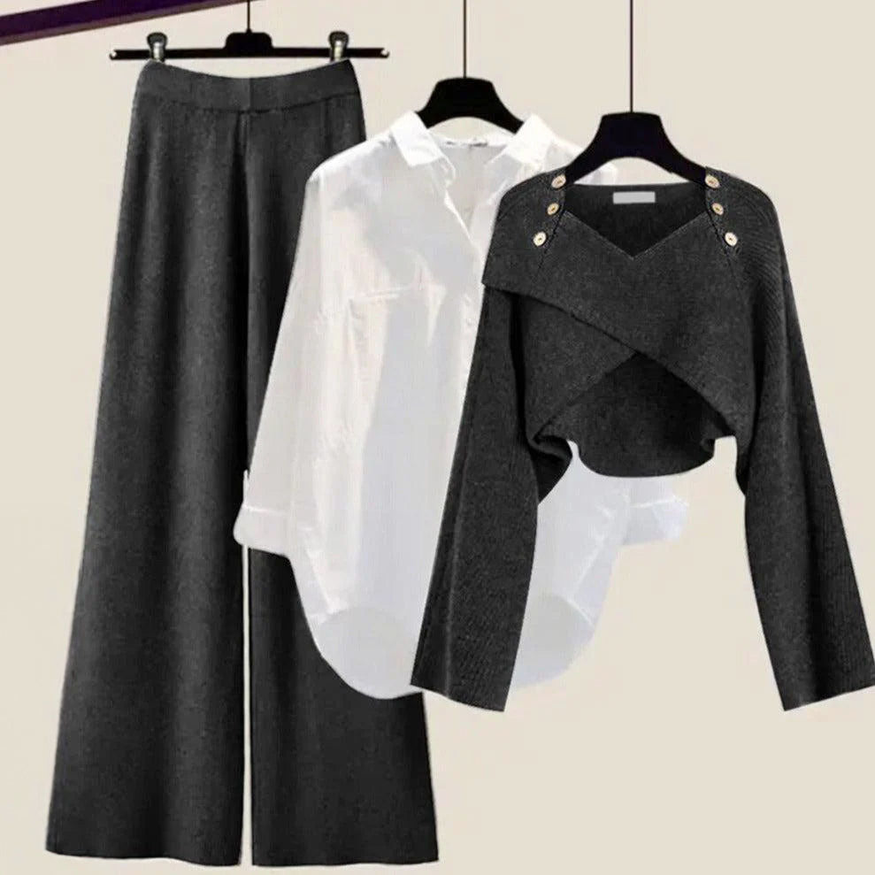 Callie - Women's Knit Top, Shirt & Wide-Leg Pants Set
