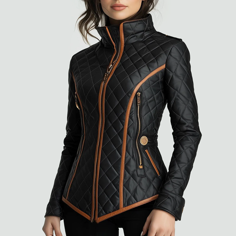 Camila - Women's Quilted Contrast-Trim Fitted Jacket