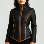 Camila - Women's Quilted Contrast-Trim Fitted Jacket