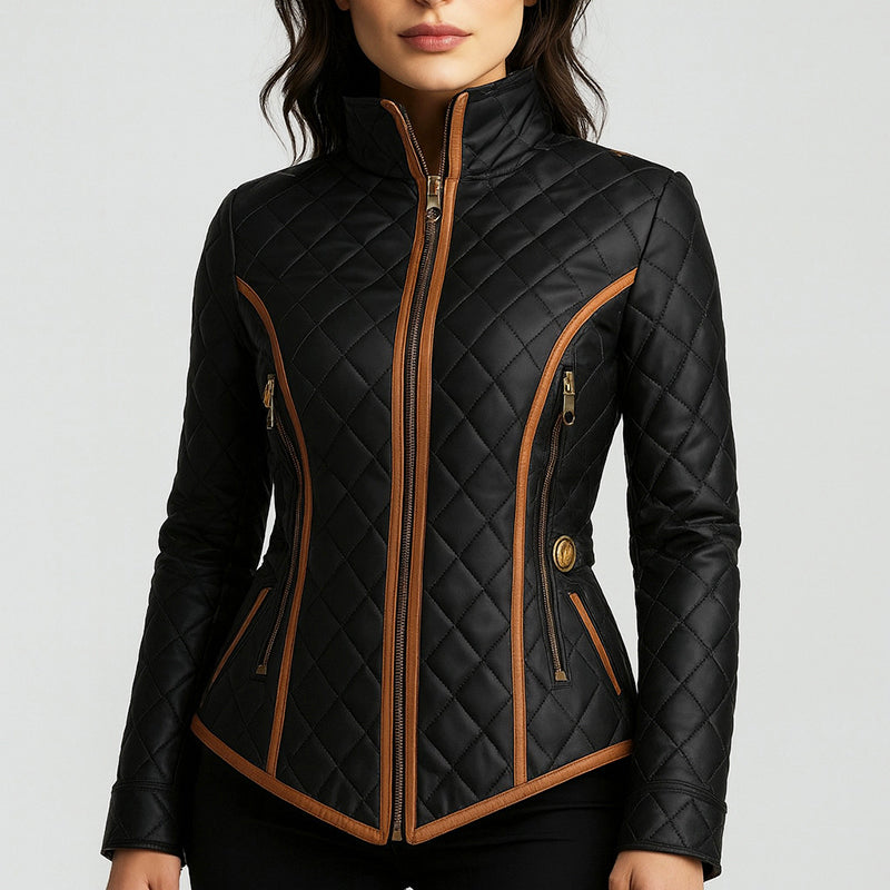 Camila - Women's Quilted Contrast-Trim Fitted Jacket
