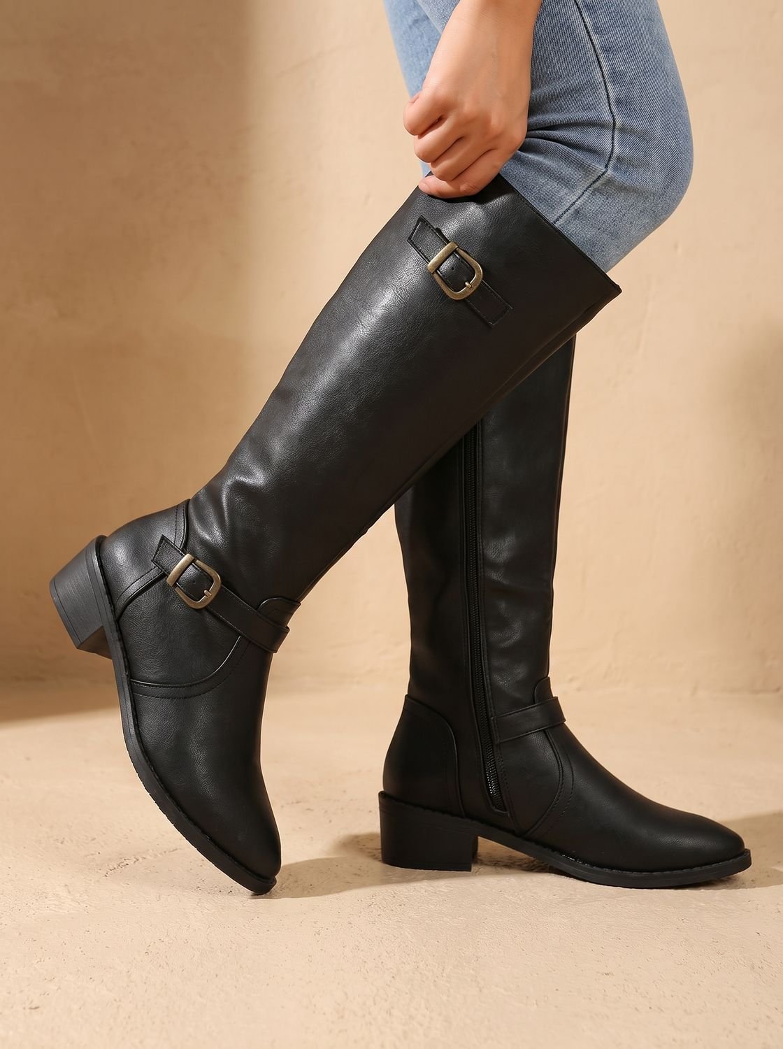 Celeste - Women's Knee-High Boots with Dual Buckle Straps and Block Heel