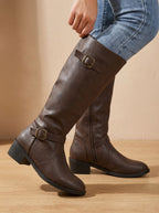 Celeste - Women's Knee-High Boots with Dual Buckle Straps and Block Heel