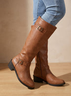 Celeste - Women's Knee-High Boots with Dual Buckle Straps and Block Heel
