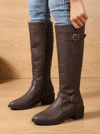 Celeste - Women's Knee-High Boots with Dual Buckle Straps and Block Heel