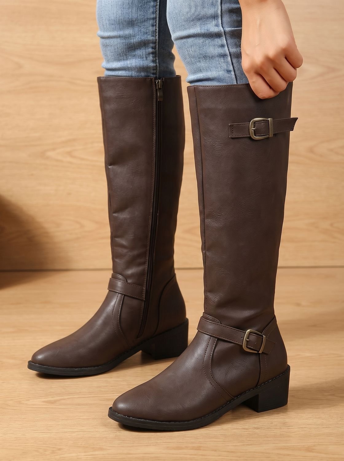 Celeste - Women's Knee-High Boots with Dual Buckle Straps and Block Heel