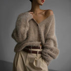 Celine - Women’s Fuzzy Loose-Fit Button-Down Cardigan