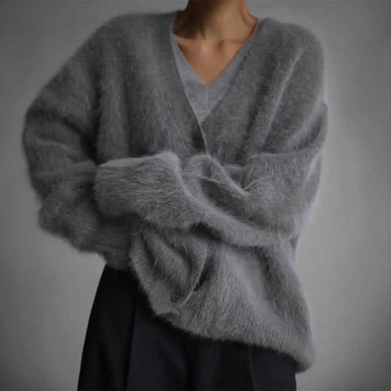Celine - Women’s Fuzzy Loose-Fit Button-Down Cardigan