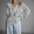 Celine - Women’s Fuzzy Loose-Fit Button-Down Cardigan