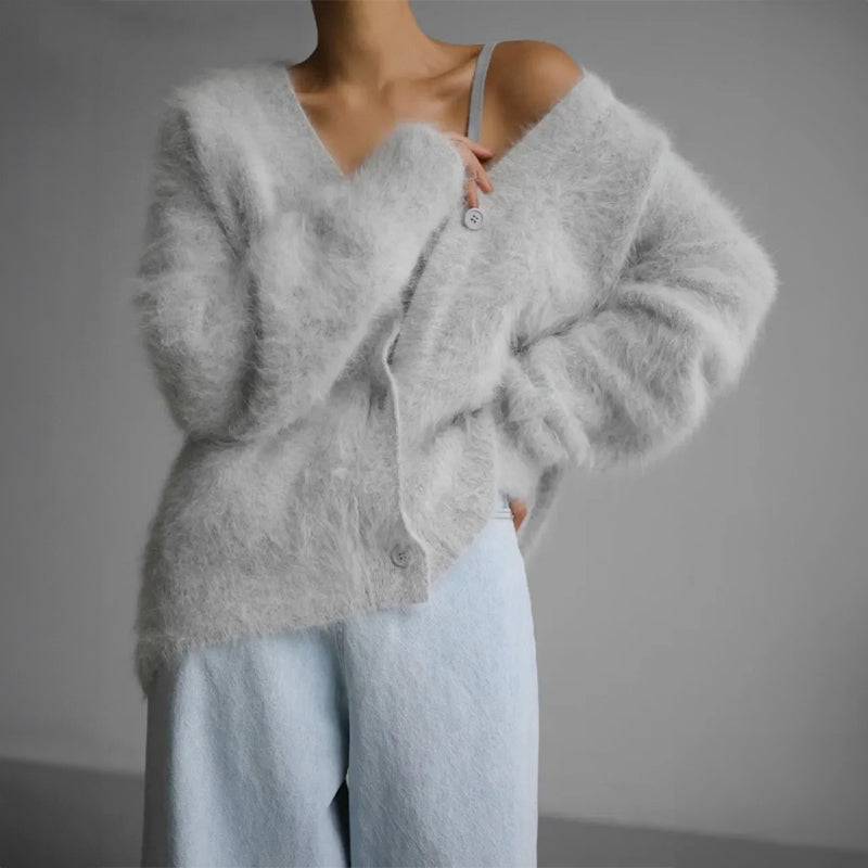 Celine - Women’s Fuzzy Loose-Fit Button-Down Cardigan