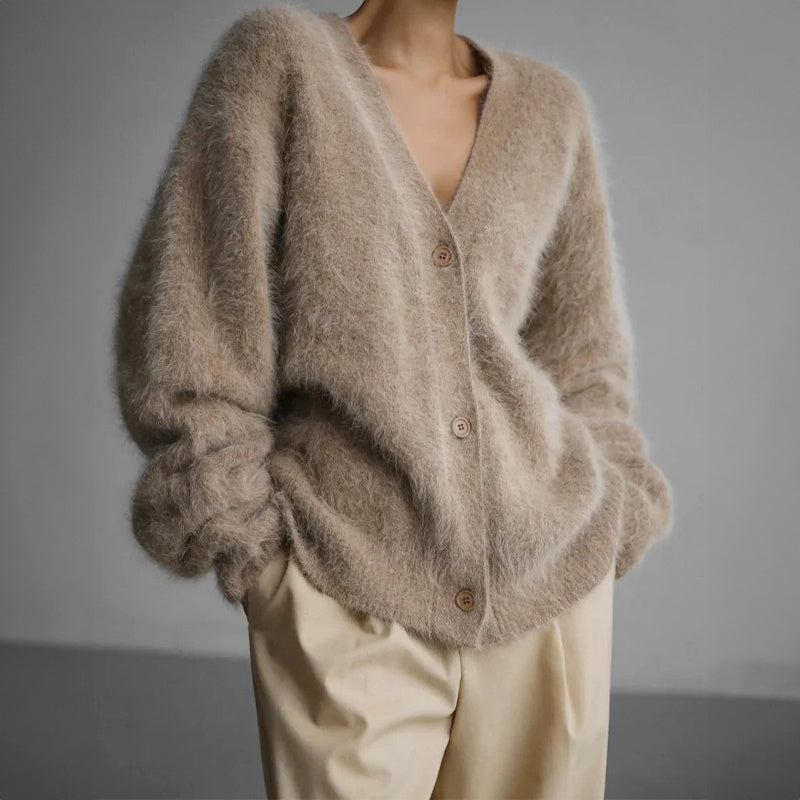 Celine - Women’s Fuzzy Loose-Fit Button-Down Cardigan