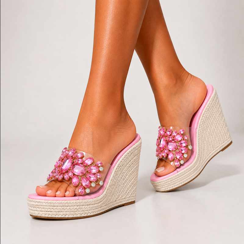 Claire - Women's Crystal Embellished Espadrille Wedges