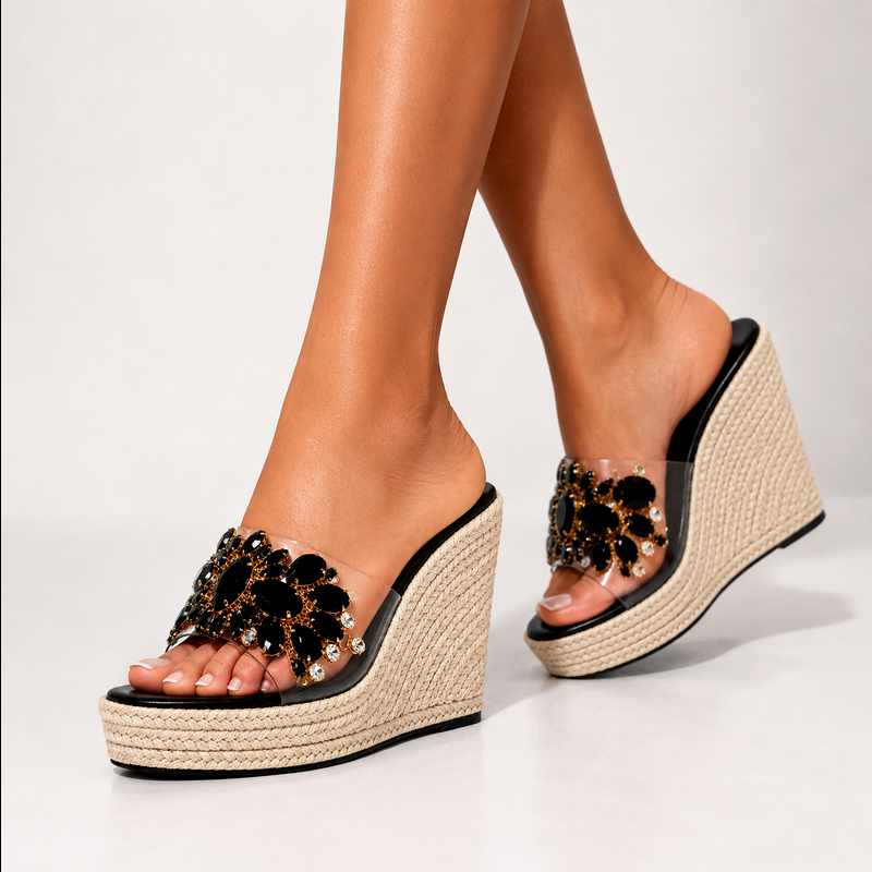 Claire - Women's Crystal Embellished Espadrille Wedges