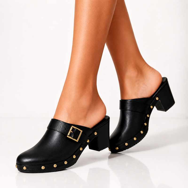 Corinne - Women's Studded Leather Slip-On Heeled Loafers