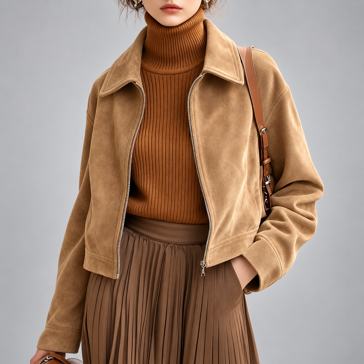 Courtney - Women's Faux Suede Zip-Front Cropped Jacket