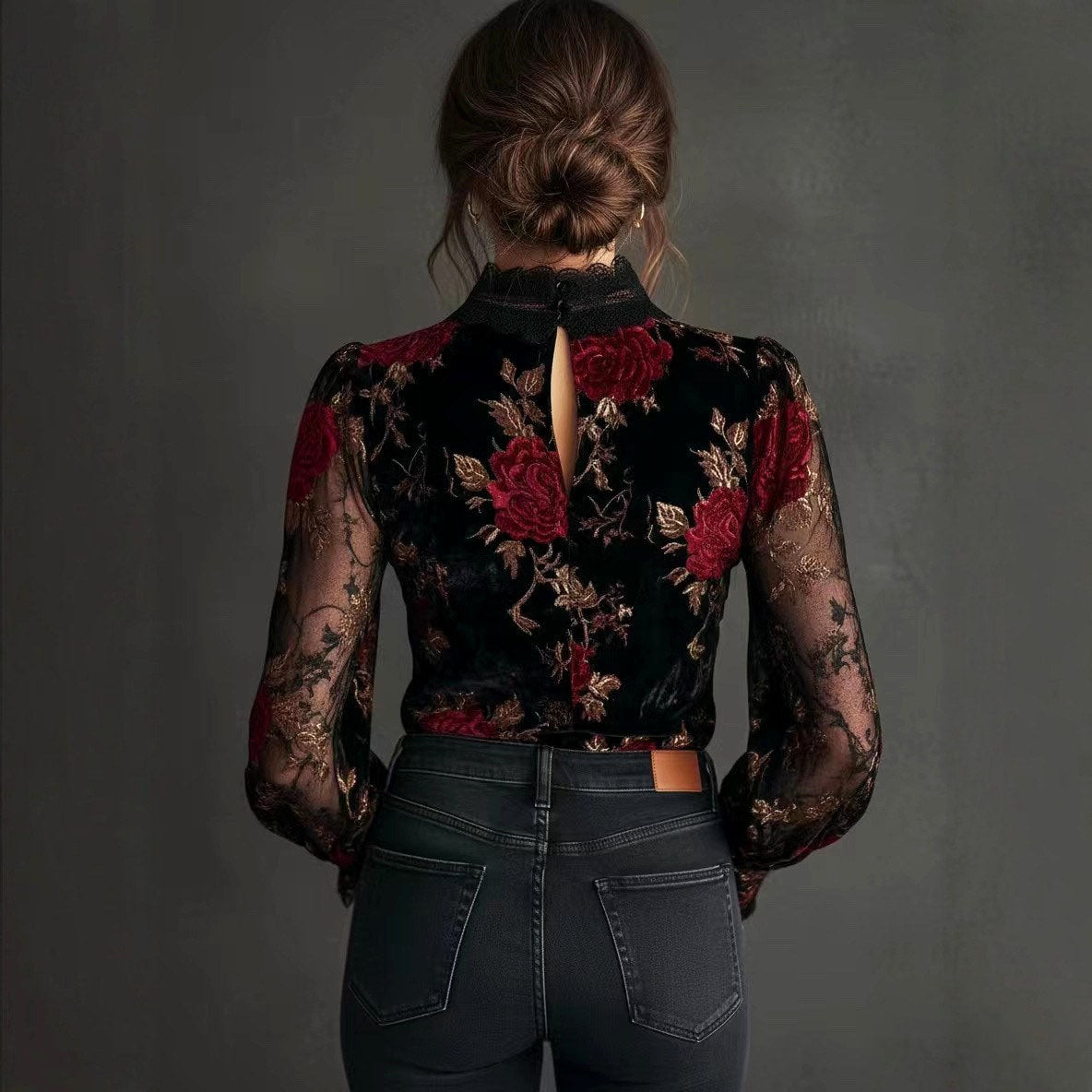 Daniela - Women's Lace-Trimmed Floral Velvet V-Neck Blouse