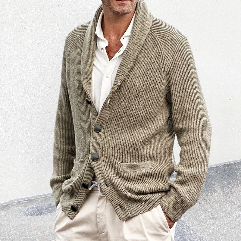 Eamon - Men's Ribbed Shawl Collar Button-Front Cardigan
