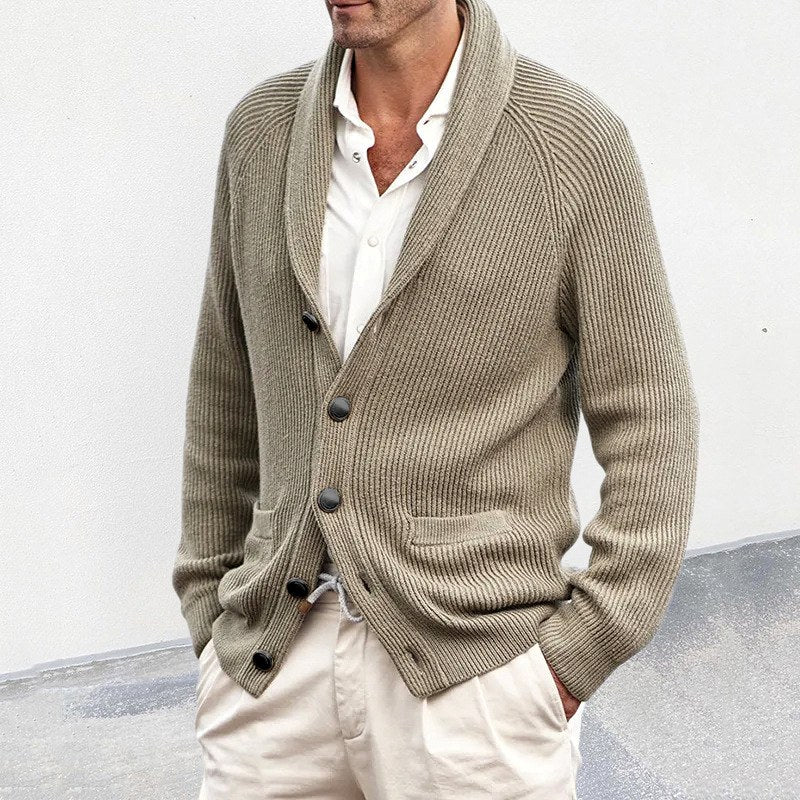 Eamon - Men's Ribbed Shawl Collar Button-Front Cardigan