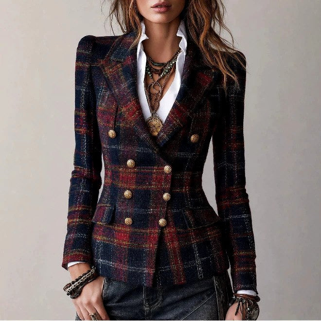Emma - Women's Tartan Plaid Double-Breasted Blazer