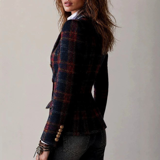 Emma - Women's Tartan Plaid Double-Breasted Blazer