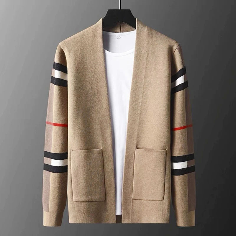 Ethan - Men's Plaid Sleeve Open-Front Knit Cardigan