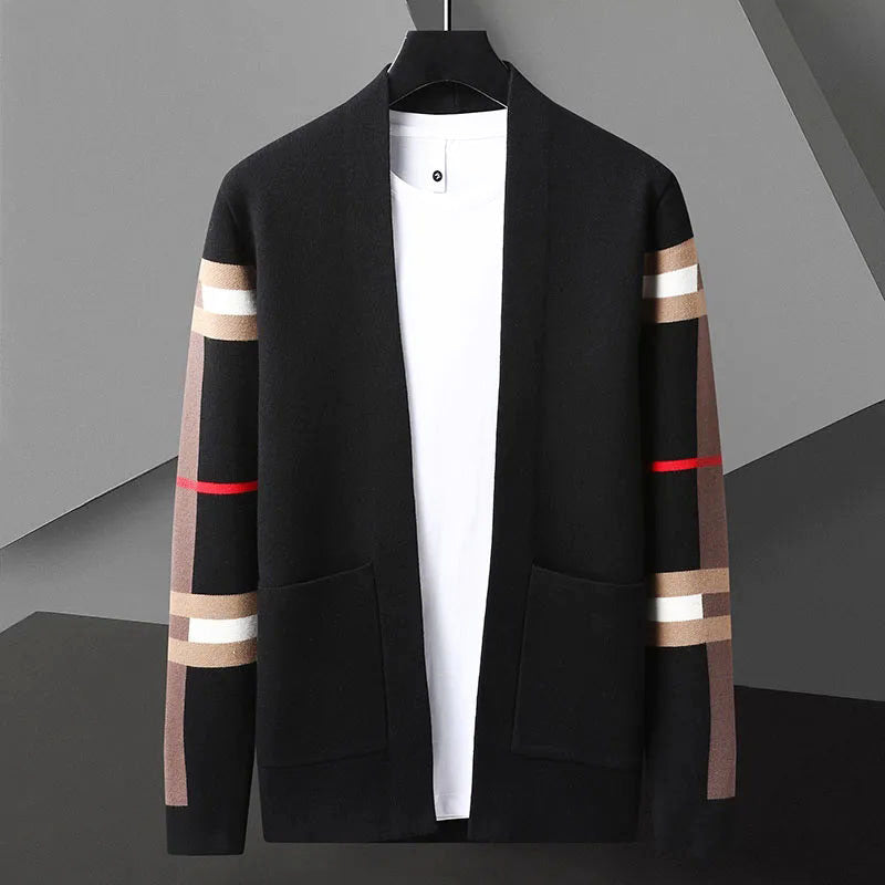 Ethan - Men's Plaid Sleeve Open-Front Knit Cardigan