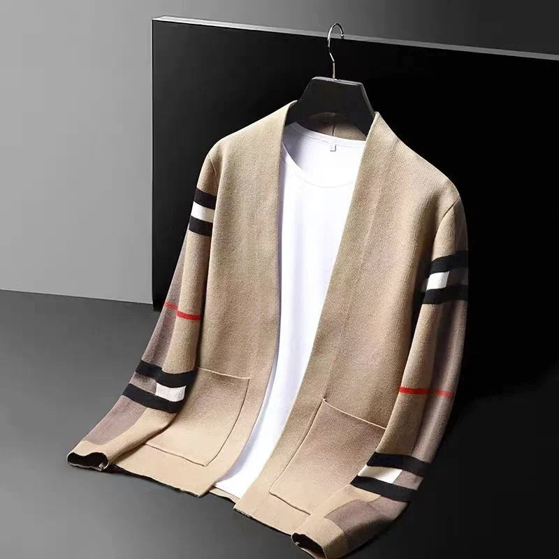 Ethan - Men's Plaid Sleeve Open-Front Knit Cardigan