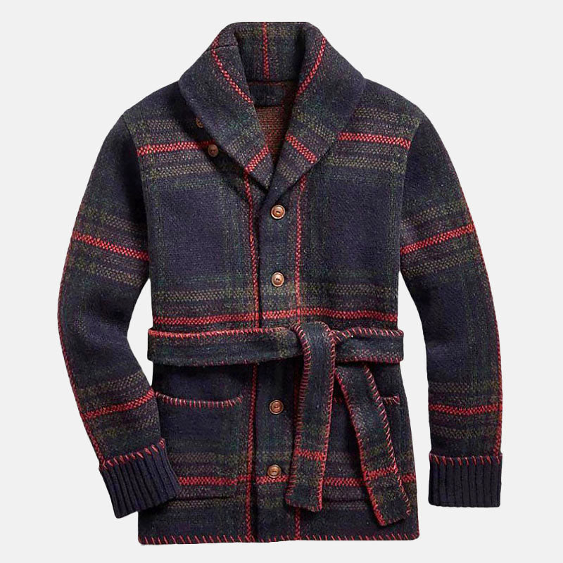 Gavin - Men's Plaid Button-Front Belted Cardigan Jacket