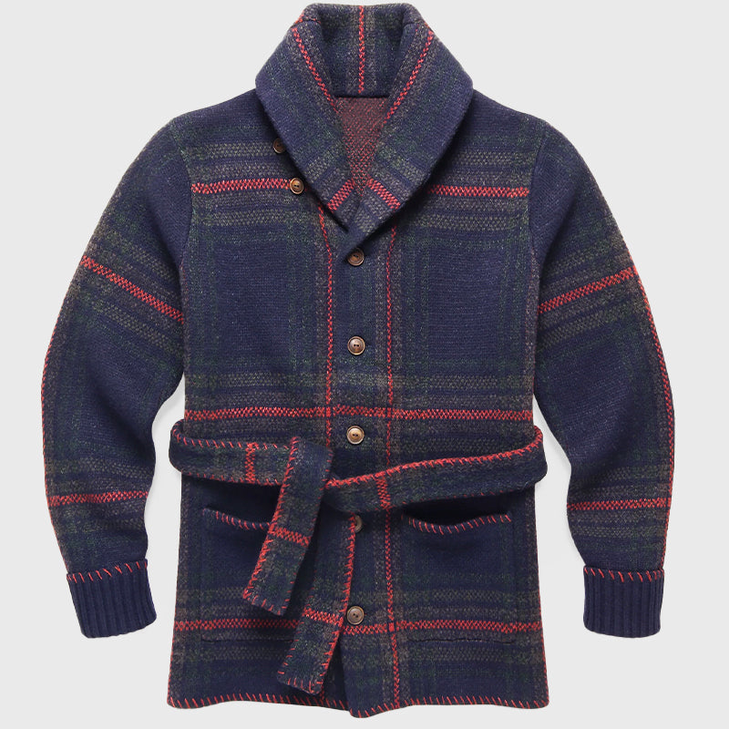 Gavin - Men's Plaid Button-Front Belted Cardigan Jacket