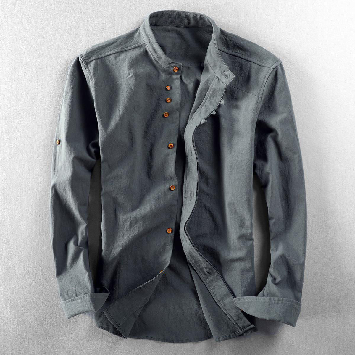 Grayson - Men's Linen Mandarin Collar Button-Down Shirt