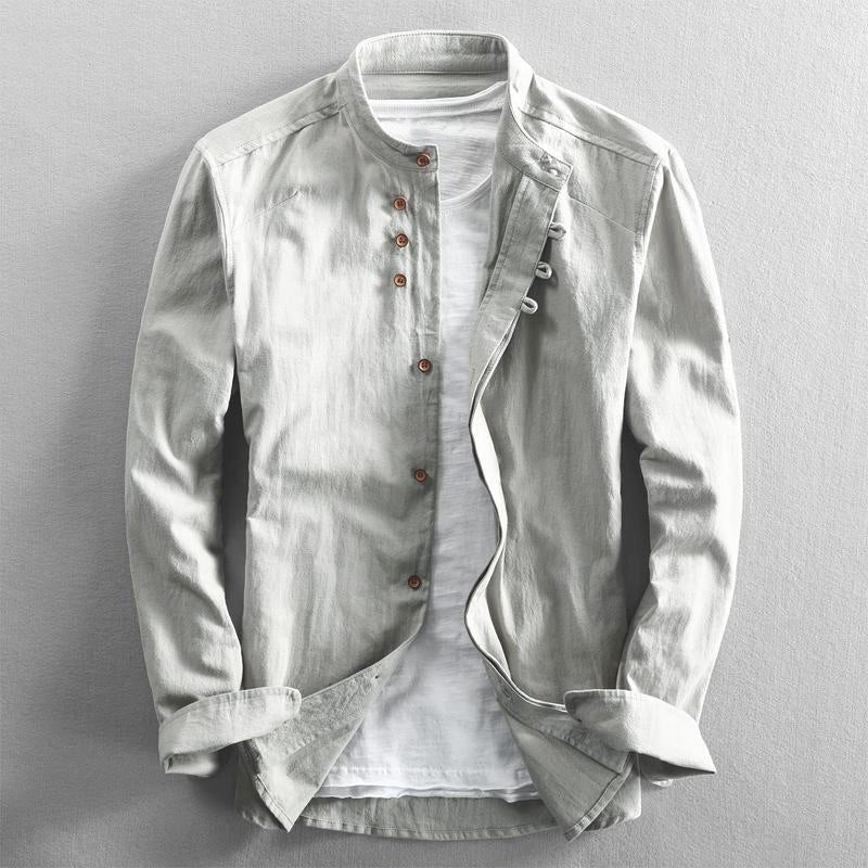 Grayson - Men's Linen Mandarin Collar Button-Down Shirt