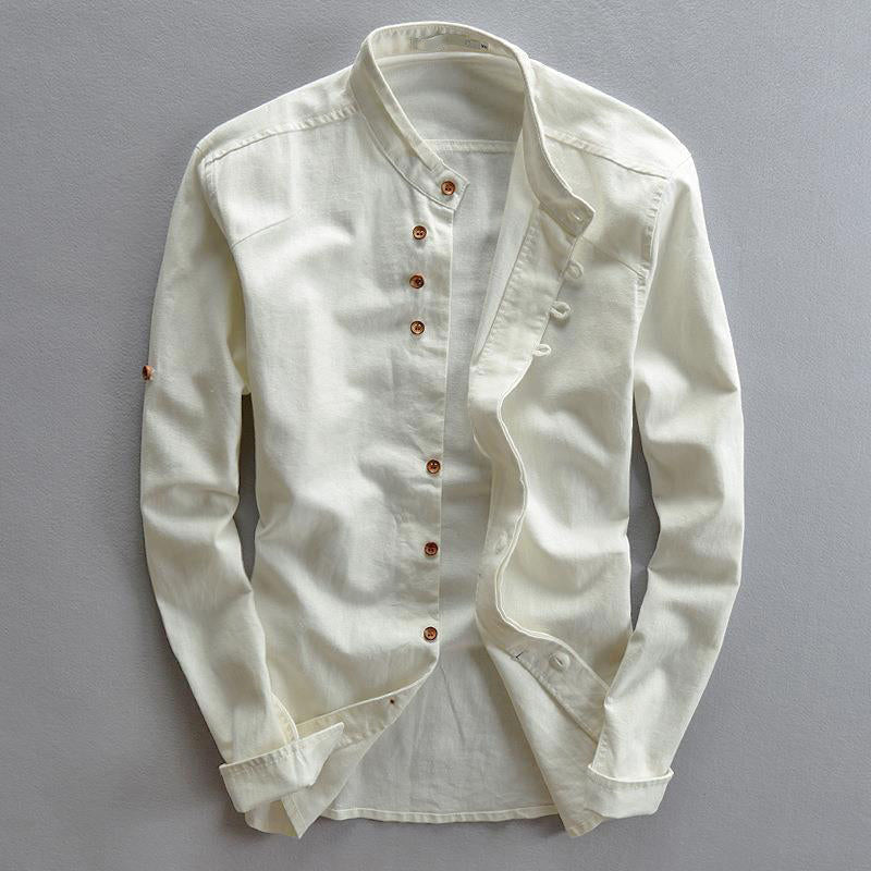 Grayson - Men's Linen Mandarin Collar Button-Down Shirt