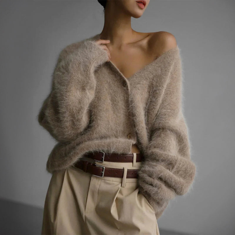 Isabella - Women's Oversized Fuzzy V-Neck Cardigan