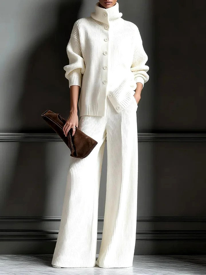 Isadora - Women's Ribbed Turtleneck Cardigan & Wide-Leg Pants Set