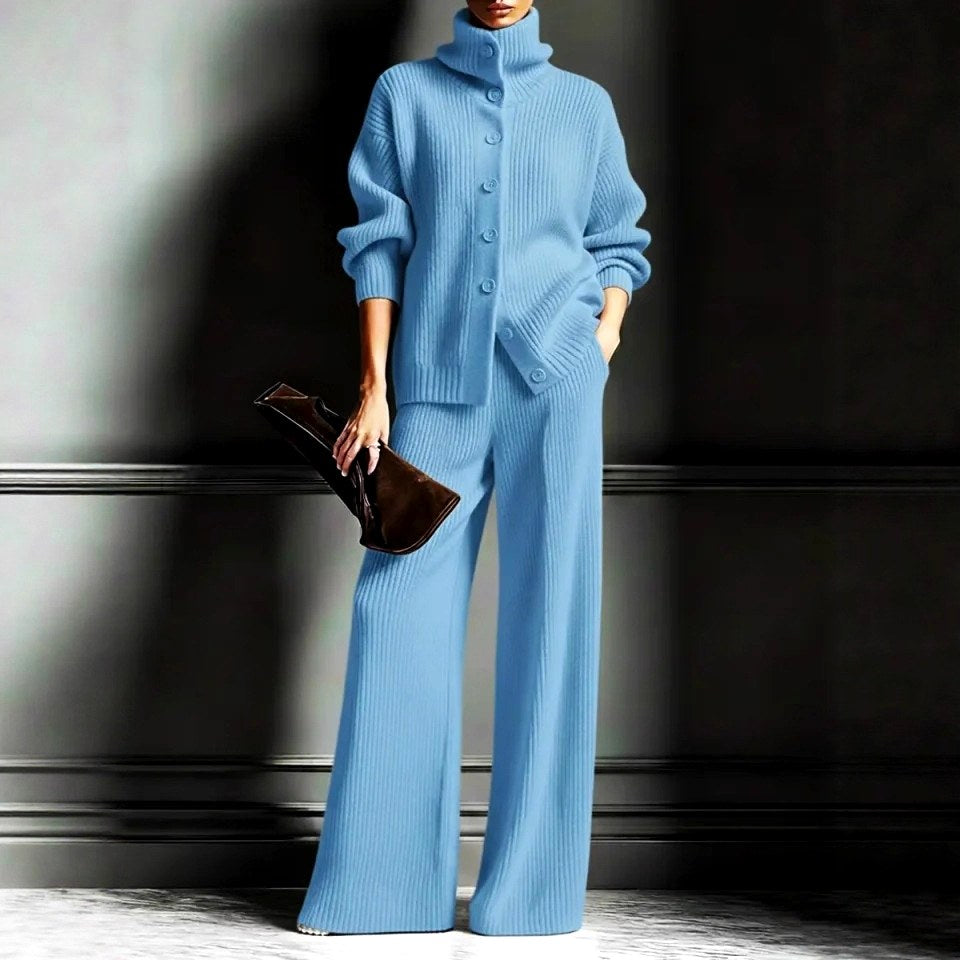 Isadora - Women's Ribbed Turtleneck Cardigan & Wide-Leg Pants Set