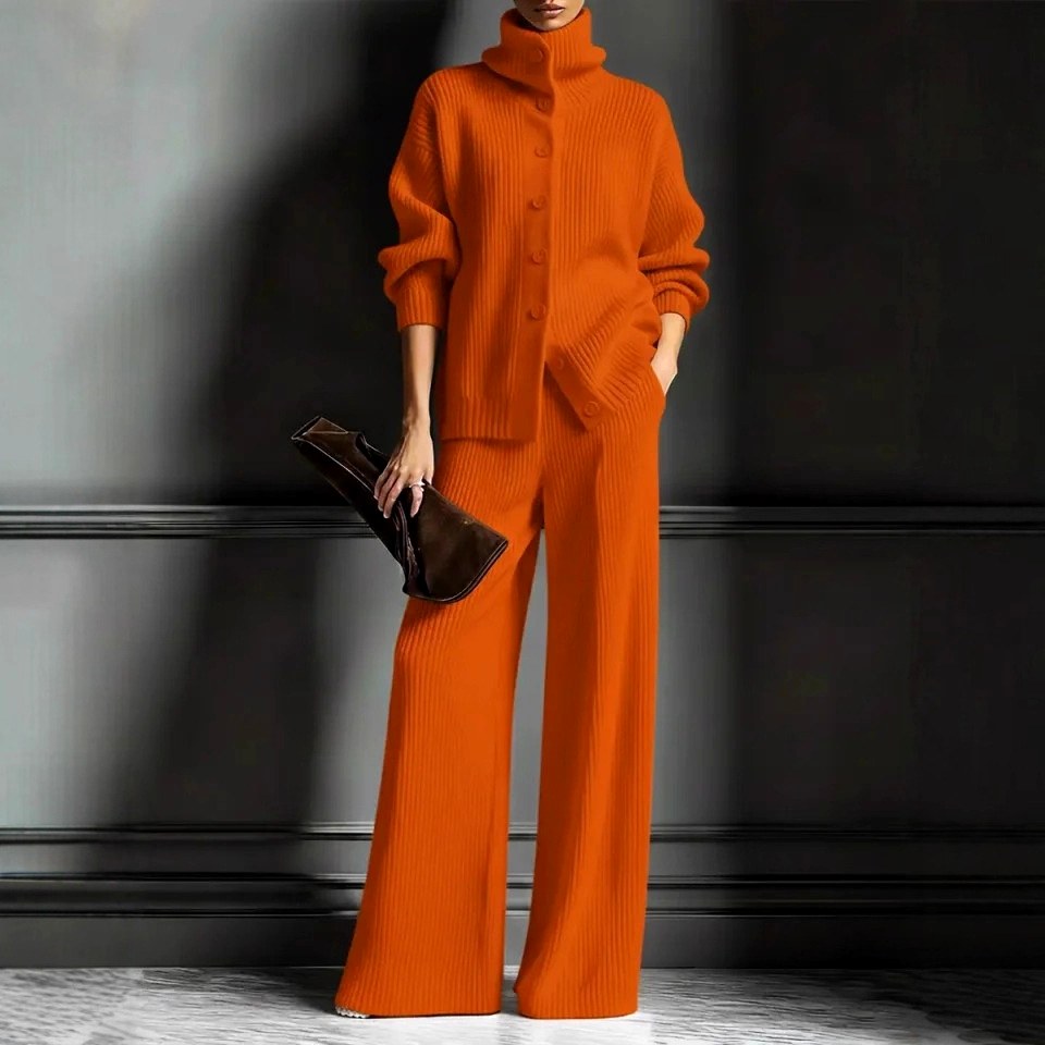 Isadora - Women's Ribbed Turtleneck Cardigan & Wide-Leg Pants Set