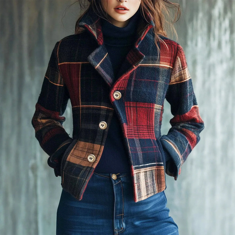 Ivory - Women’s Vintage Plaid Button-Up Short Coat