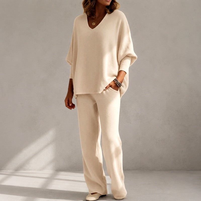 Jemima - Women's V-Neck Knit Top & Wide-Leg Pants Set