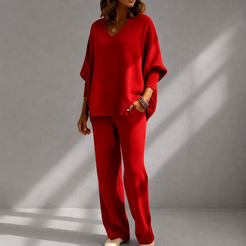 Jemima - Women's V-Neck Knit Top & Wide-Leg Pants Set