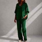 Jemima - Women's V-Neck Knit Top & Wide-Leg Pants Set